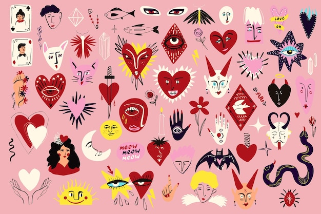 Un ensemble d'illustrations laides drôles pour la Saint-Valentin dans le style d'une illustration vectorielle de doodle