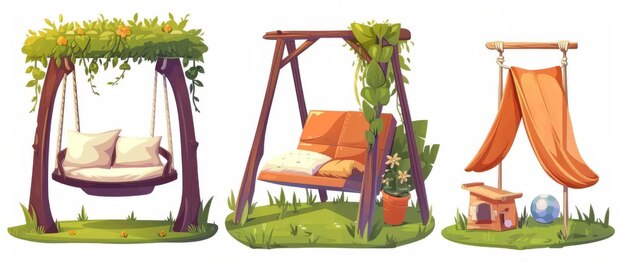 Un ensemble d'illustrations de meubles de jardin de l'arrière-cour, une balançoire avec des oreillers et une canopée, une chaise de salon, une maison pour chiens et des fleurs dans un pot