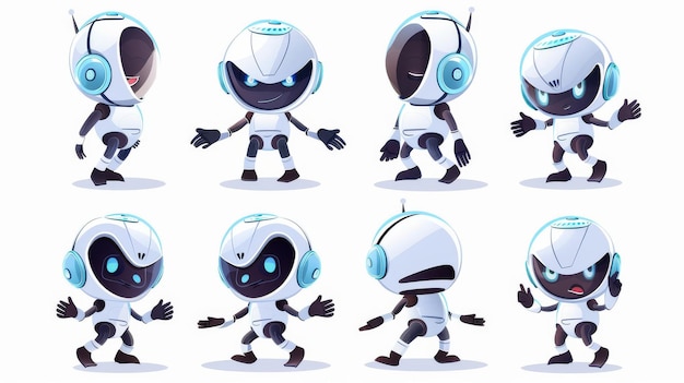 Un ensemble d'illustrations modernes de personnages de mascotte de robots avec différentes poses et expressions Intelligence artificielle assistant cyborg intelligent Mascotte de robot avec différentes postures et expressions