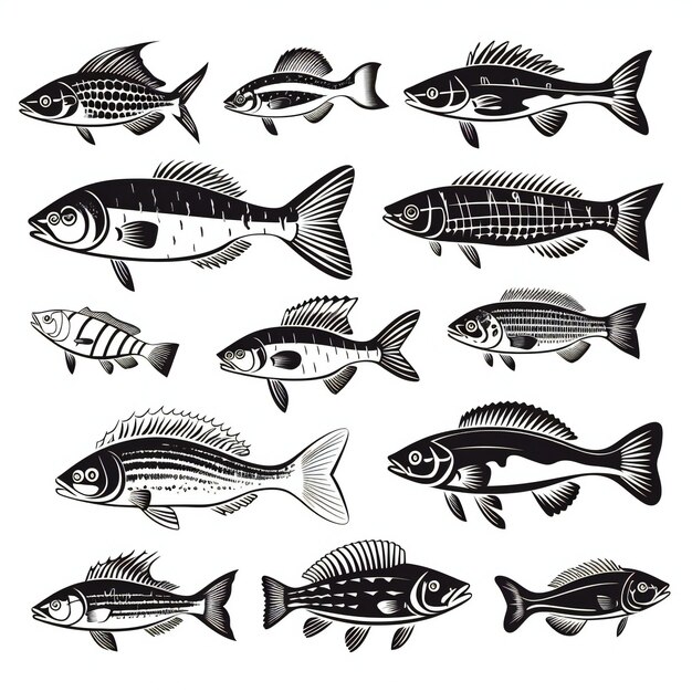 ensemble d'illustrations noires de poissons