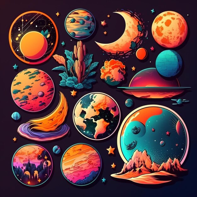 Photo un ensemble d'illustrations spatiales colorées avec des planètes et des étoiles génératives ai