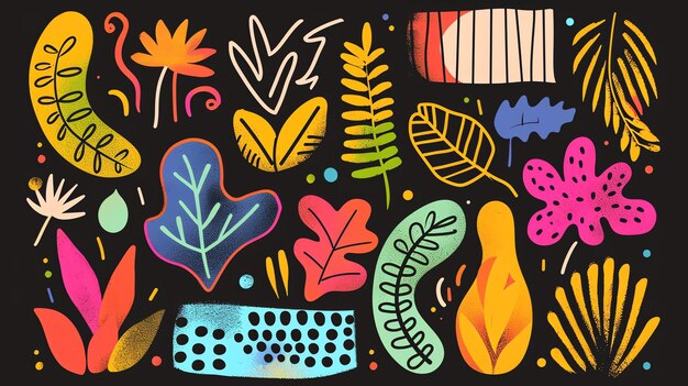 Un ensemble d'illustrations vectorielles dessinées à la main de diverses feuilles et fleurs tropicales Les illustrations sont colorées et ont une sensation d'abstraction moderne