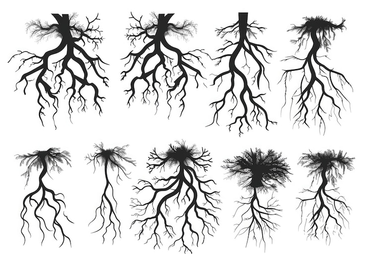 Photo ensemble d'illustrations vectorielles de racines un système racinaire d'arbre en couleur noire sur un fond blanc avec différents types et formes pour représenter le concept de croissance des plantes