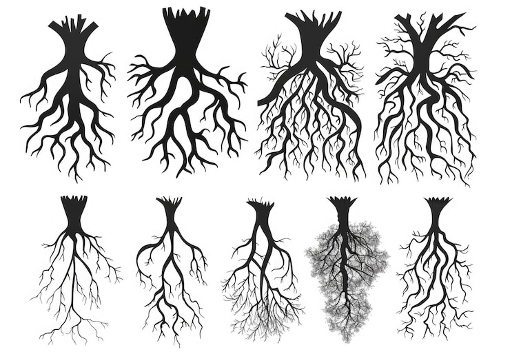 Photo ensemble d'illustrations vectorielles de racines un système racinaire d'arbre en couleur noire sur un fond blanc avec différents types et formes pour représenter le concept de croissance des plantes