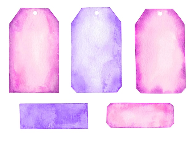 Ensemble d'images clipart étiquette rose violet Modèle aquarelle espace copie vierge Illustrations d'étiquettes lumineuses