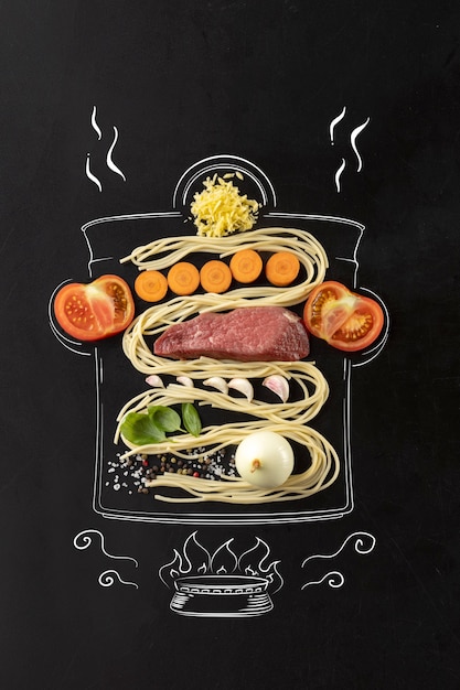 Photo ensemble d'ingrédients de cuisine traditionnelle italienne pour la viande de nouilles de tomates à la bolognaise spaghetti et