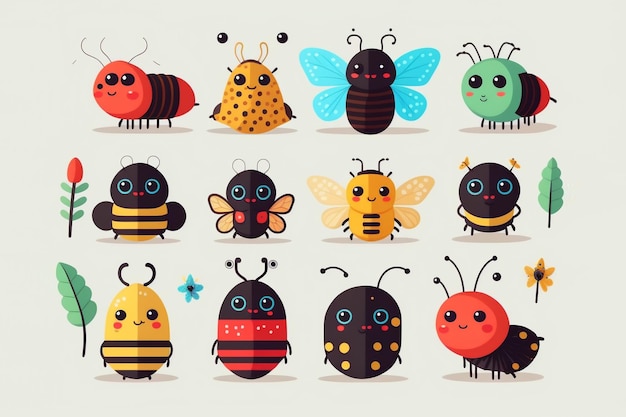 Ensemble D'insectes Kawaii De Dessin Animé Mignon Peinture Numérique Créative