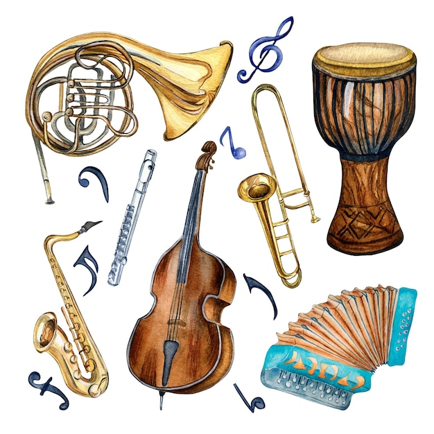 Ensemble d'instruments de musique divers et illustration aquarelle symbole isolé