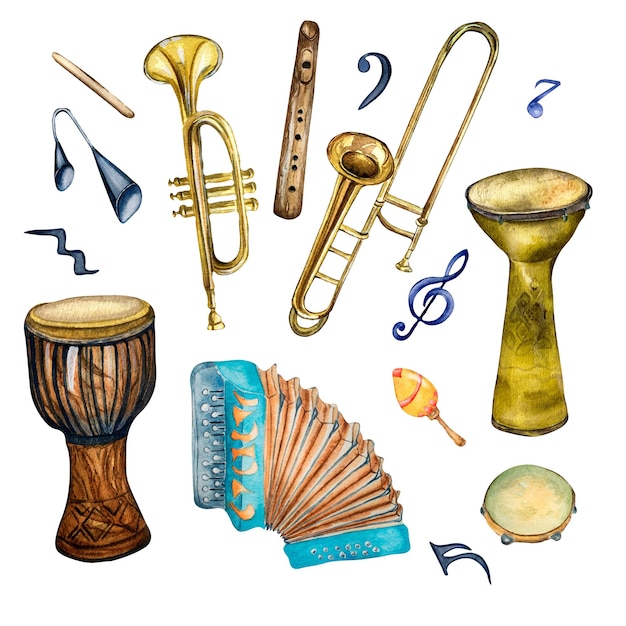 Ensemble d'instruments de musique jazz et symboles illustration aquarelle isolé