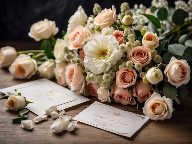 Photo un ensemble d'invitations de mariage étalées autour d'un bouquet de fleurs