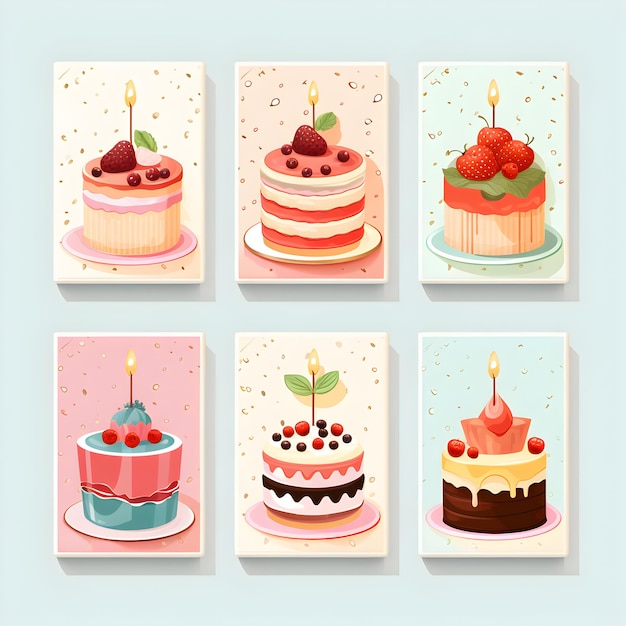 Ensemble de jolies cartes de voeux d'anniversaire avec des gâteaux générés par AI