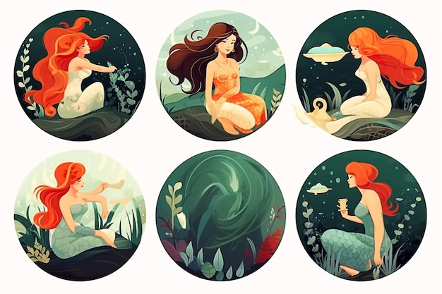 Photo ensemble de jolies sirènes et plantes marines personnages de dessins animés drôles et coraux sont isolés sur blanc clipart d'été avec des filles sirènes