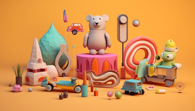 Un ensemble de jouets et d'objets qui sont assis sur le fond dans le style de design graphiqueinspire