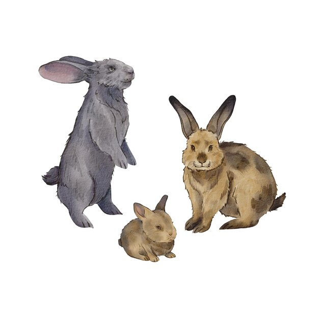 Un ensemble de lapins réalistes sur fond blanc Illustration aquarelle d'une famille de lapins Pâques