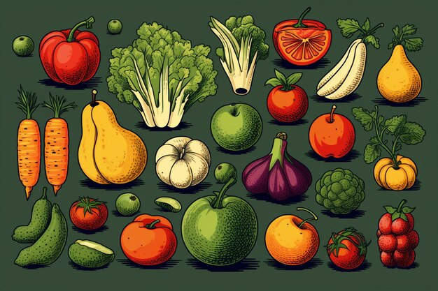 Photo ensemble de légumes et de fruits illustration vectorielle en style dessin animé