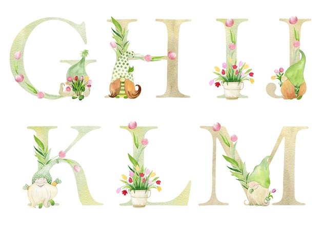 Un ensemble de lettres de l'alphabet avec des fleurs et des lettres gh kh