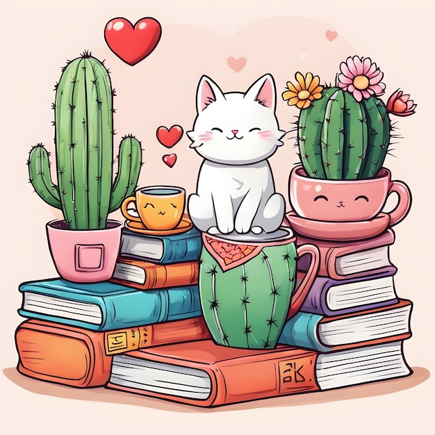 Ensemble de livres mignons de chat de cactus, tasse de thé en forme de cœur, style Kawaii