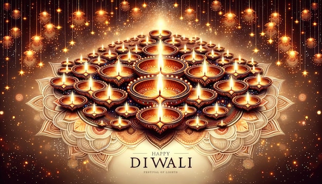 L'ensemble lumineux de Diwali "Happy Diwali" au milieu d'une symphonie de diades éclatantes