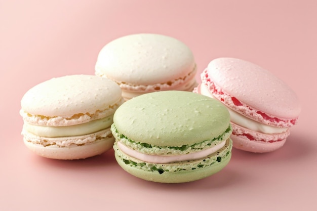 Un ensemble de macaroons sucrés français en couleurs pastel sur fond rose