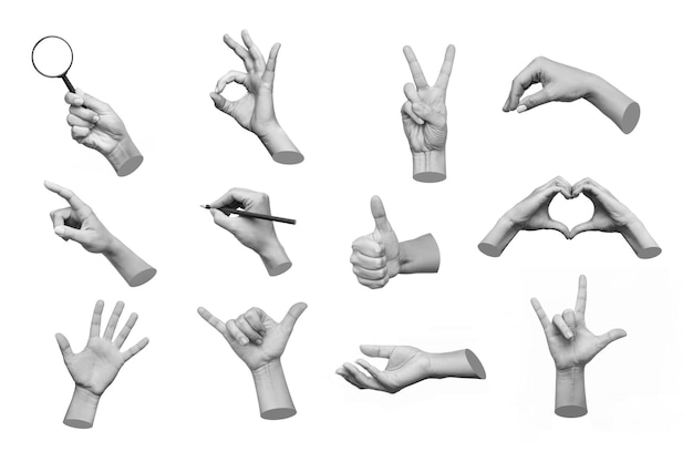 Ensemble de mains 3d montrant des gestes comme ok paix pouce vers le haut pointer vers l'objet shaka rock writingloupe