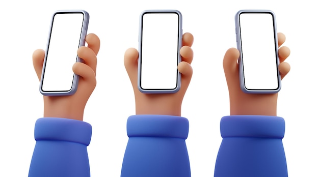 Ensemble de mains 3D tenant un smartphone avec un écran vide isolé sur un fond blanc Mockup