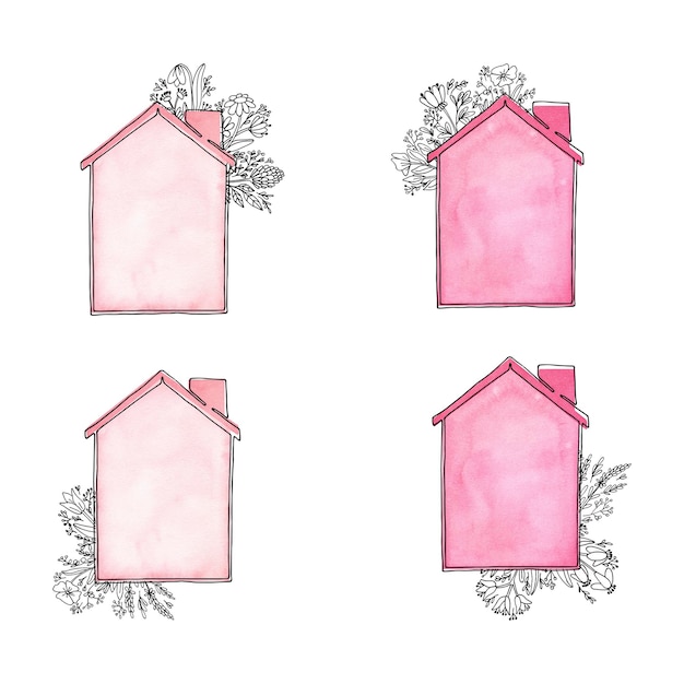 Un ensemble de maisons roses avec des fleurs sauvages peintes à la main à l'aquarelle et des croquis graphiques doodle le