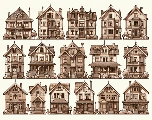 Photo ensemble de maisons vintage illustrées dans un style linéaire avec des couleurs vintage douces