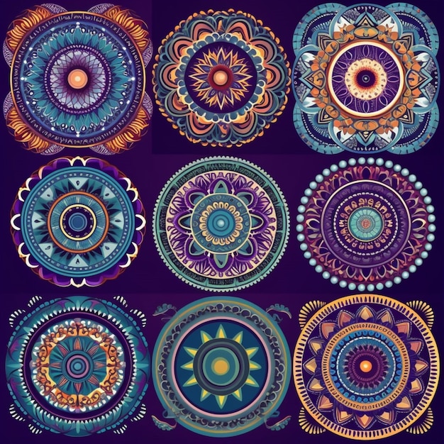 Un ensemble de mandalas de différentes couleurs.