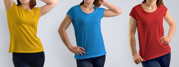 Ensemble de maquette avec une jeune femme en forme dans le t-shirt blanc isolé sur fond gris, vue de face. Comprend trois combinaisons de couleurs : rouge, bleu, jaune. Modèle pour votre conception ou logo.