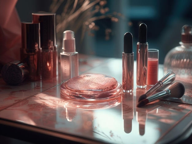 Photo ensemble de maquillage et parfum rose luxueux sur la table rose generative ai