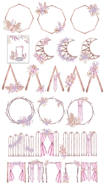 Ensemble de mariage aquarelle d'arches bohostyle avec des fleurs et des rideaux tropicaux en bois de macramé