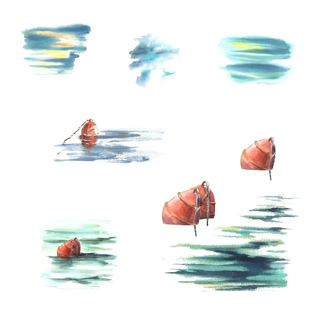 Ensemble maritime aquarelle Bouées rouges en mer vagues Illustration peinte à la main isolée sur fond blanc