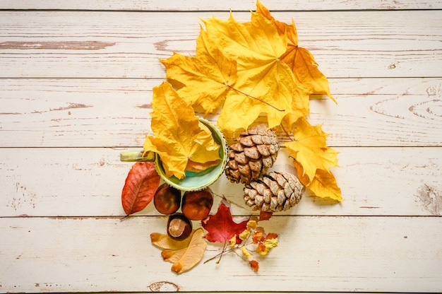 Un ensemble de matériaux d'automne pour la créativité et l'artisanat des enfants sur une table en bois. feuilles et graines d'érable d'automne orange tombées, cônes de cèdre, brindilles et châtaignes rouges