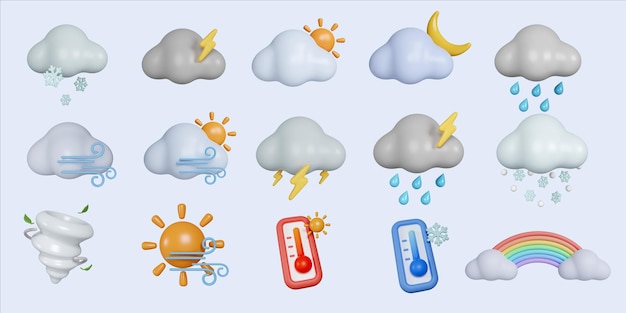 Photo d ensemble météo emoji icône nuage avec soleil croissant lune éclair pluie vent et neige dessin animé créatif