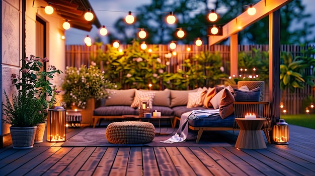 Un ensemble de meubles de jardin confortable et élégant pour se détendre dans un jardin luxueux