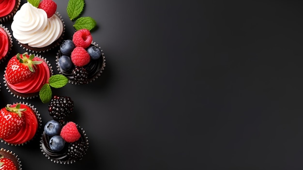 Ensemble de mini cupcakes au chocolat décorés de fraises fraîches, mûres et myrtilles sur fond noir à plat