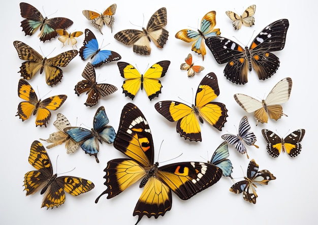 Photo ensemble mixte de papillons colorés et beaux sur fond blanc isolé generative ai