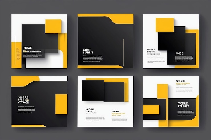 Photo ensemble de modèles de bannières carrées minimales modifiables couleur d'arrière-plan noire et jaune avec forme de ligne rayée