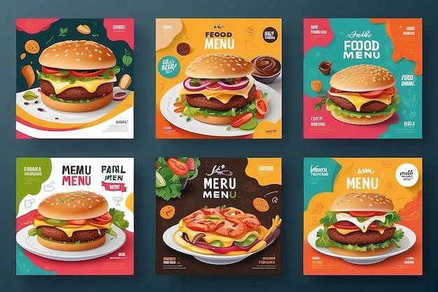 Un ensemble de modèles de bannières carrées sur le thème du menu alimentaire que vous pouvez modifier Parfait pour l'image de marque d'entreprise