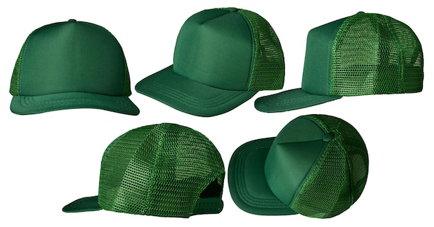 Photo ensemble de modèles de casquettes de camionner vert collection d'objets coupés isolés à différents angles