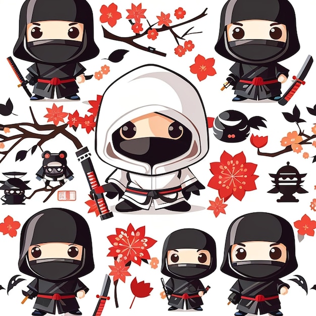 un ensemble de modèles de ninja japonais kawaii générés par l'IA