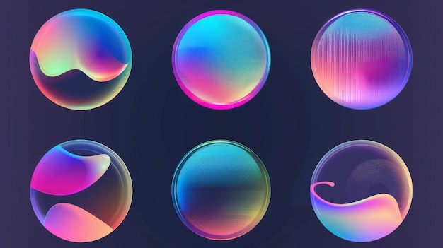 Ensemble moderne d'éléments de maille de forme géométrique douce avec effet flou autocollant vibrant iridescent avec cercle de gradient flou