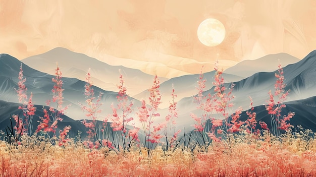 Un ensemble moderne de paysages de montagne dorés avec lune et soleil Abstrait Design d'art végétal pour les impressions couvre les papiers peints dessins d'art mural minimalistes et naturels