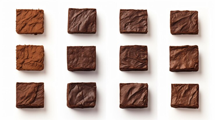 Un ensemble de morceaux de brownie au chocolat sur fond blanc
