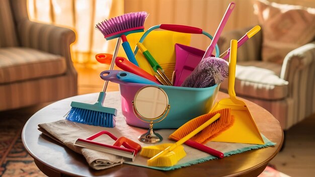 Photo un ensemble de nettoyage coloré sur une table en bois