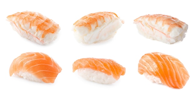 Photo ensemble de nigiri sushi aux crevettes et saumon sur fond blanc