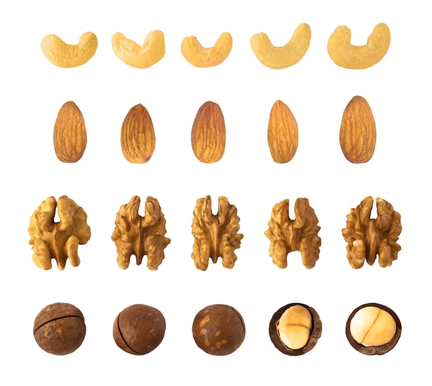 Ensemble de noix de cajou, d'amande, de noix et de macadamia isolées sur fond blanc