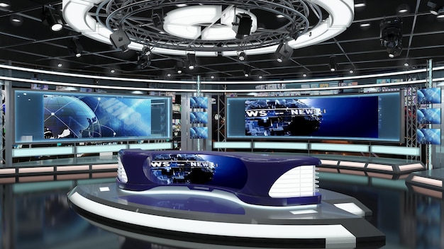 Photo ensemble de nouvelles de virtual tv studio . fond d'écran vert. rendu 3d.