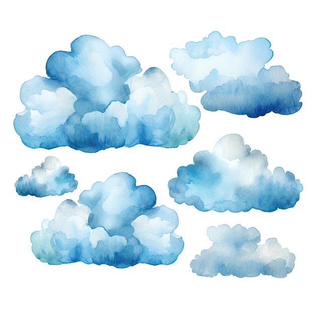 Photo ensemble de nuages d'aquarelle isolés nuages d'aquarelle créatifs aquarelle bleu ciel pluie neige météo