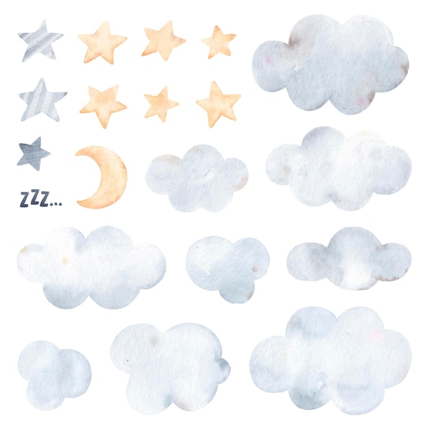 Ensemble de nuages aquarelles et d'étoiles pour la conception Isolé sur fond blanc Style enfantin
